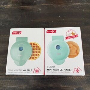 Dash Mini Waffle Maker Set of 2 Aqua Mint Classic, Bunny Rabbit 4 Inch Non-Stick